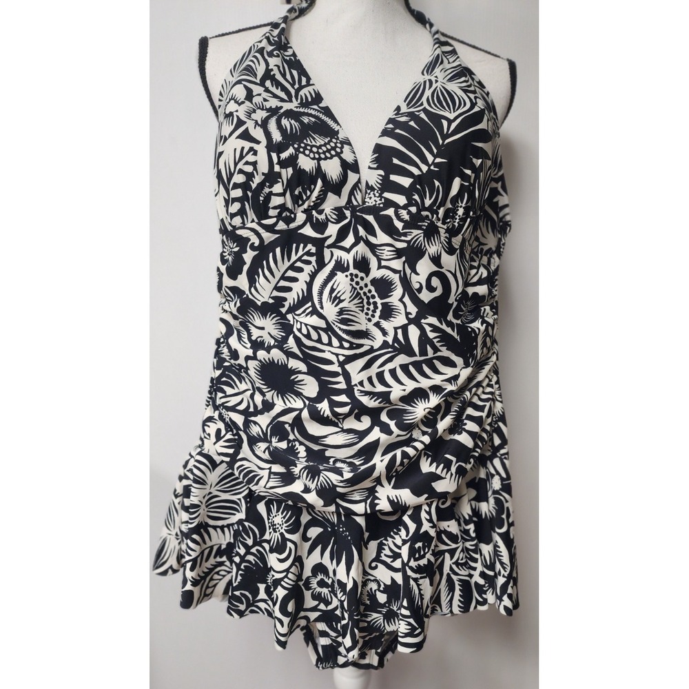 Chaps‎ Women's One-Piece Floral Swimsuit with  Ruffle Skirt   Size 16